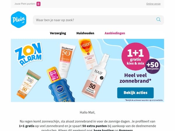 Veel zonnebrand 1+1 & ontvang 50 extra punten