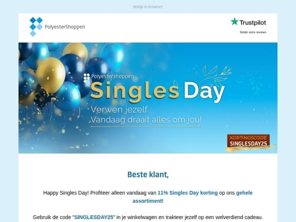 , alleen vandaag 11% Singles Day korting op het hele assortiment 💙