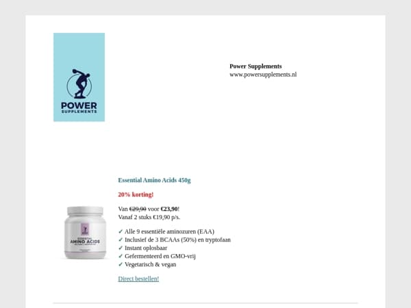Augustus aanbiedingen: 20% korting op Essential Amino Acids, Pea Protein, Protein Wafer, Protein Pops en ASU Forte