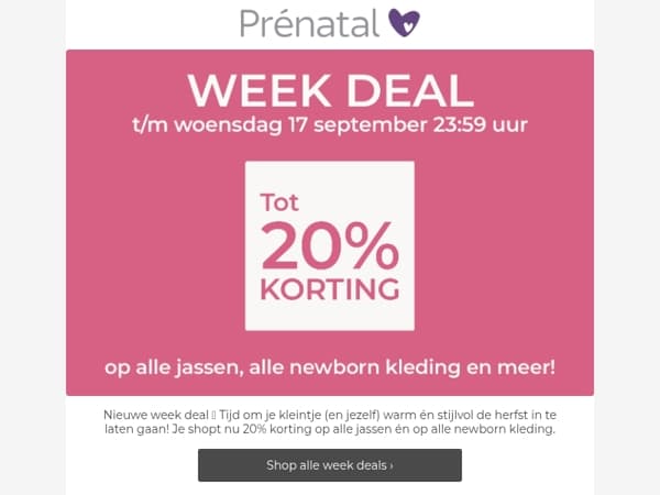Week deal 🚨 20% korting op alle jassen, newborn kleding & meer