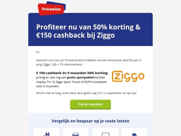 50% korting + € 150 cashback bij Ziggo