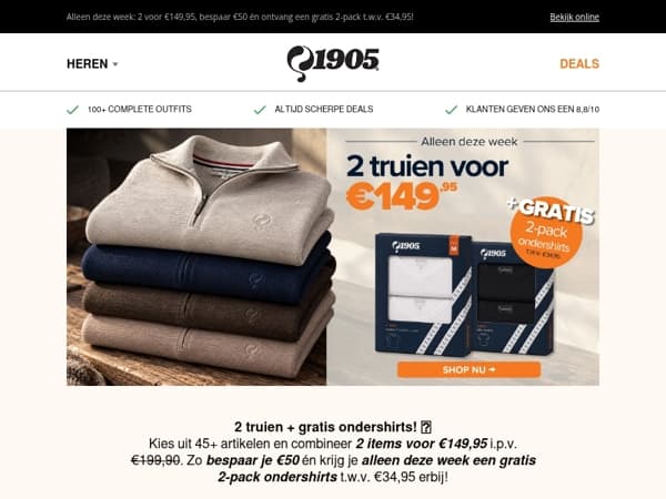 Gratis 2-pack ondershirts bij 2 truien! 🎁