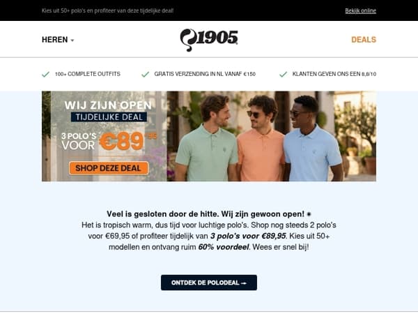 Wij zijn gewoon open: 3 polo's voor €89,95 ☀️