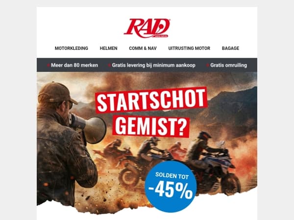 📢 Startschot gemist? 📢 NU SOLDENKORTINGEN tot -45% op helmen, jassen, broeken, schoenen en bagage!