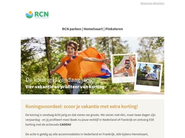 Koningsvoordeel: €58 korting op onze vakantieparken in Nederland en Frankrijk