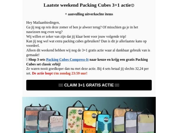 Packing cubes actie laatste weekend