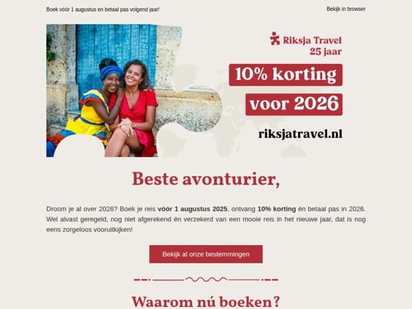 avonturier, krijg nu 10% korting op jouw 2026-reis