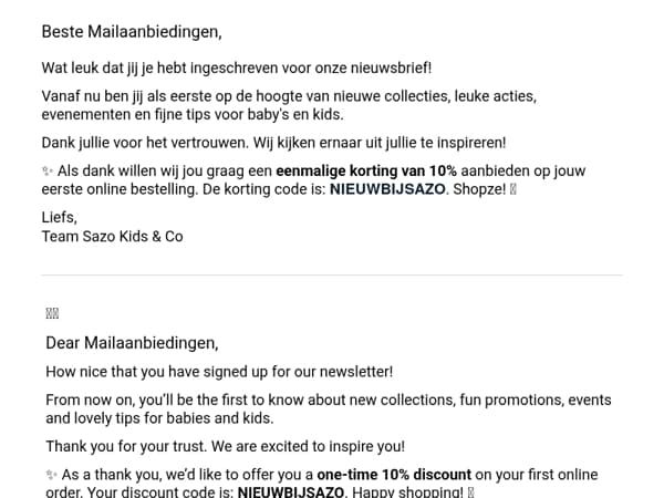 🎉 Welkom! Bedankt voor je inschrijving bij Sazo Kids & Co!