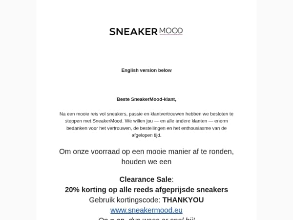 SneakerMood is closing – Thank you & 20% off everything ❤️
