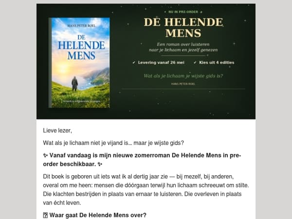  Vanaf vandaag is mijn nieuwe roman De Helende Mens in pre-order beschikbaar.