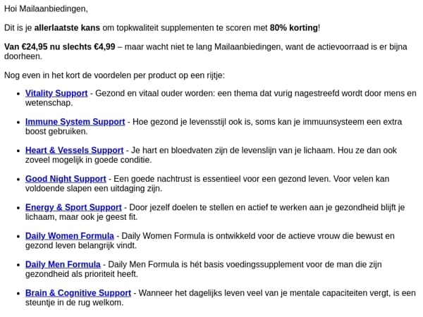 Laatste kans: 80% korting op ALLE supplementen – van €24,95 voor €4,99!