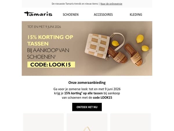 Onze zomeraanbieding 🌞 15 % korting op alle tassen bij aankoop van schoenen!