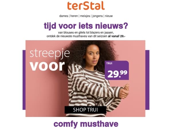 nieuwe collectie: streepjes, denim & comfy sets vanaf 29.-