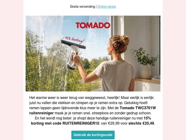 Nu 15% korting: maak je ramen streeploos schoon met de ruitenreiniger van Tomado