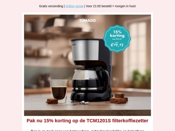 ALLEEN NU: 15% korting op de filterkoffiezetter van Tomado