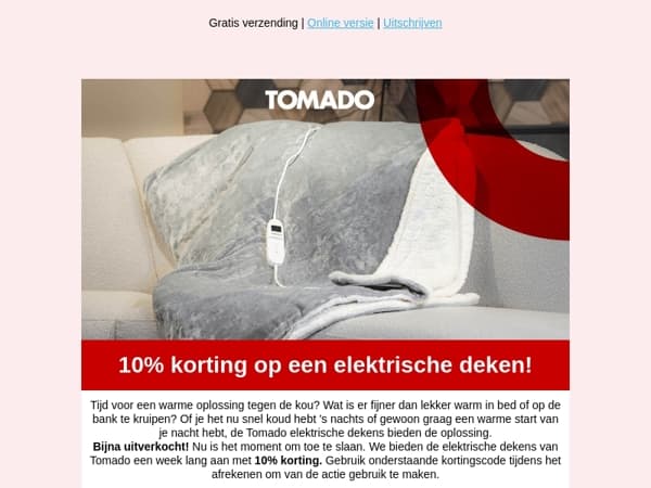 ❄️Klaar met de kou? Profiteer nu van 10% korting op de elektrische deken van Tomado! 😍