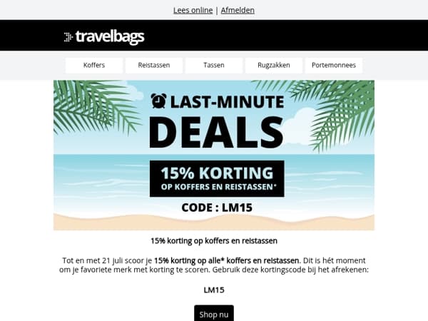 ⚡️ 15% korting op koffers en reistassen!
