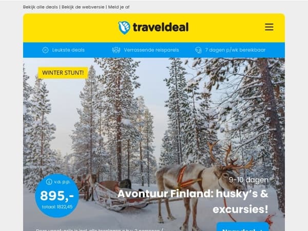 ❄️️ Finland avontuur: husky's & excursies v.a. 895 | Beach Hotel Zuid-Holland + ontbijt v.a. 44,50 p.p.!