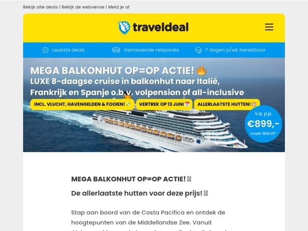 BALKONHUT OP=OP ACTIE! 🔥 8-daagse cruise Italië, Frankrijk & Spanje + VOLPENSION incl. vlucht & fooien v.a. SLECHTS 899,- p.p.! 🤯