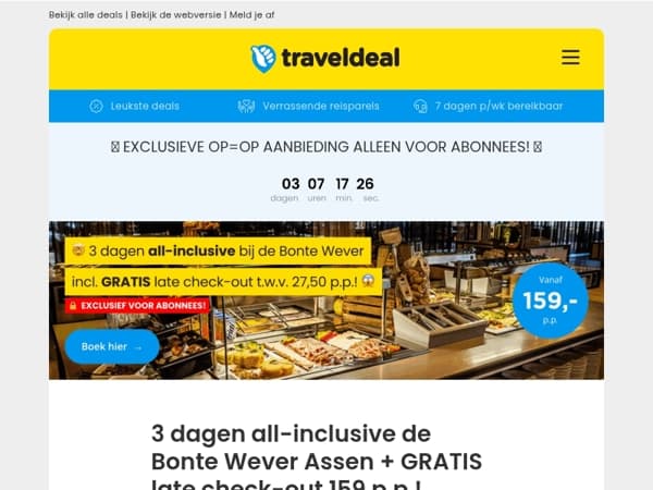 Exclusieve abonnee deal! 🔒 3 dagen all-inclusive Bonte Wever Assen + GRATIS late check-out 159 p.p.! 😱