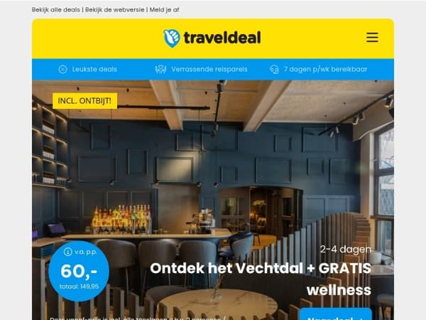 📣 Nu boeken = voordelig weg! 🔥 Vechtdal + ONBEPERKT wellness & ontbijt 60 p.p.! 🤯 4 dgn Amsterdam aan het IJmeer 157,50 & MEER! 😱