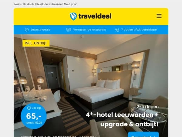 🎉 Slechts €65 p.p.! Luxe hotel in Leeuwarden + ontbijt, GRATIS upgrade & SKYBAR! 🤩