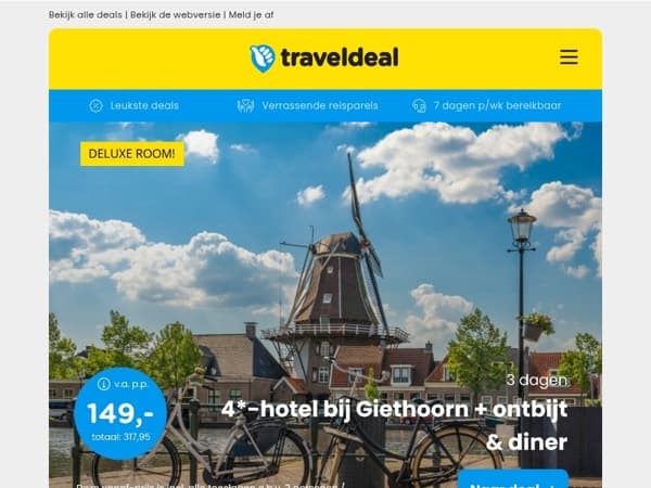 NIEUW! 👀 3 dgn gloednieuw hotel bij Giethoorn + ontbijt & diner 149 | 3 dgn Voerstreek + ontbijt & diner v.a. 159 p.p.! 🍽️