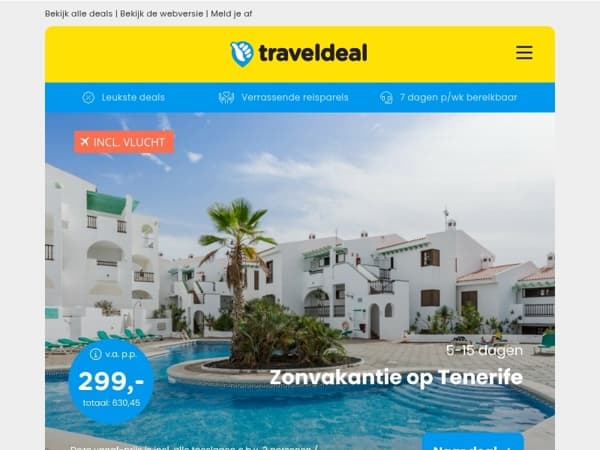 Super Deal! ⚡️ Zonvakantie Tenerife + vlucht v.a. 299 | Camping in de Ardennen v.a. 131,70 per acco!