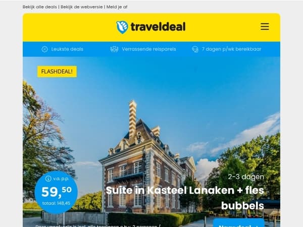 FLASHDEAL! ⚡ Kasteelhotel Suite Limburg + fles bubbels v.a. 59,50 | Roompot Volendam + ontbijt v.a. 54,50 p.p.!