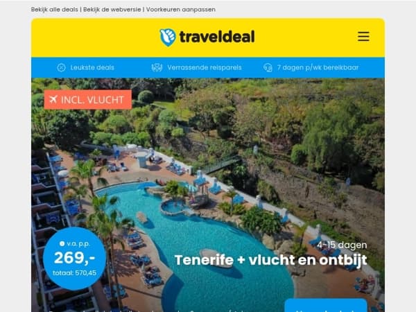 Zonvakantie Tenerife + vlucht & ontbijt v.a. 269 | Halfpension vakantie bij het Gardameer v.a. 189 p.p.!