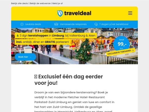 🔐 Exclusief één dag eerder: 3 dagen kerstshoppen Limburg + ontbijt, diner én GRATIS parkeren 99 p.p.!