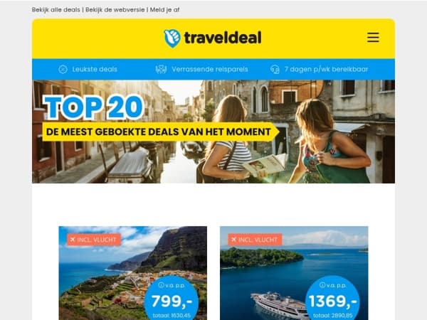 Onze topdeals van deze week 👉 Cruise Canarische Eilanden v.a. 799 | Fly & Train Schotland v.a. 789 | Van der Valk Hilversum v.a. 49,50 p.p.!