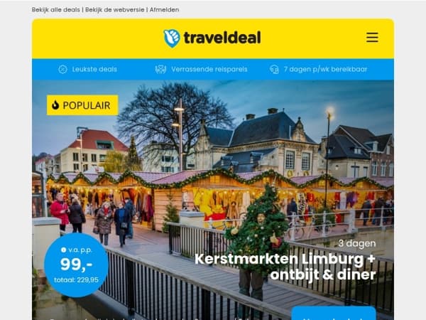 Kerstmarkten Limburg + ontbijt & diner v.a. €99 per persoon en meer scherpe deals