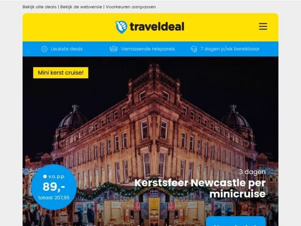 🎄 3-daagse kerstcruise Newcastle + ontbijt v.a. 89 | 4*-Theaterhotel Utrecht + ontbijt & diner v.a. 62 p.p.!