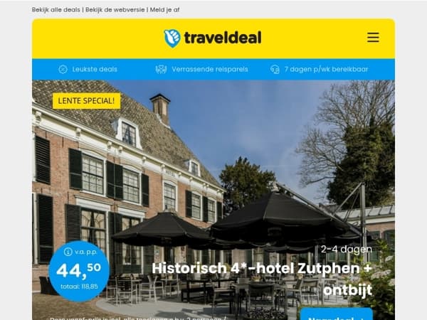 Nergens goedkoper! 😱 4*-hotel in HARTJE Zutphen + ontbijt 44,50 | Chalkidiki + vlucht & autohuur v.a. 379 p.p.!