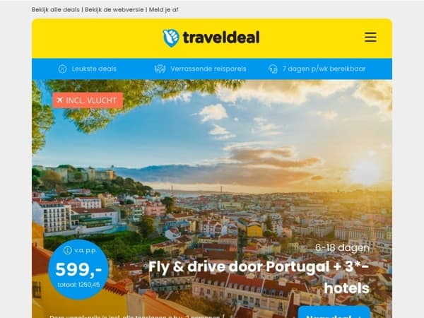 ✈️ Fly & Drive Portugal v.a. 599 | 2 dgn top hotel + terrras aan rivier de Maas + ontbijt v.a. 41,25 p.p.! ☀️
