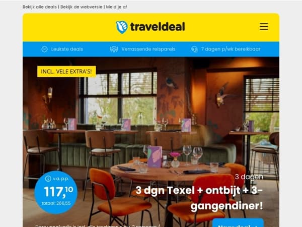 3 dgn Texel + ontbijt & 3-gangendiner v.a. 117,10 | 9-daagse cruise Italië & Griekenland v.a. 1159 p.p.!