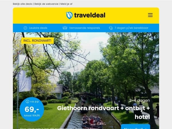🔥 Giethoorn DEAL: + ontbijt & rondvaart v.a. 69 | Fly & Drive Albanië + ontbijt v.a. 799 p.p.!
