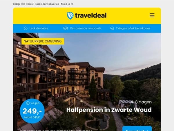 Mis deze deals niet! 😱 4 dgn halfpension Zwarte Woud + wellness v.a. 249 | 3 dgn Fletcher hotel op de Veluwe + diner v.a. 95 p.p.!
