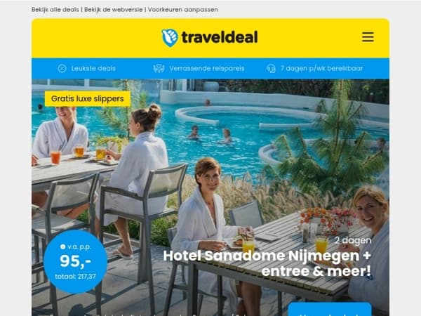 2 dagen onbeperkt Sanadome Nijmegen + hotel & meer v.a. 95 | 4*-hotel Zuid-Holland bij de kust + UPGRADE & meer v.a. 49,50 p.p.!