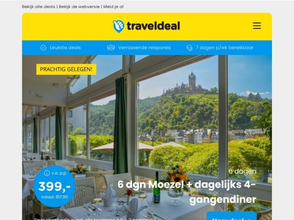 Let op! ⚠️ Deze deals zijn bijna UITVERKOCHT! ⏰ 6 dgn Moezel + 4-gangendiner | Beach Hotel in Friesland | 4 dgn zomervakantie in de Provence 😍