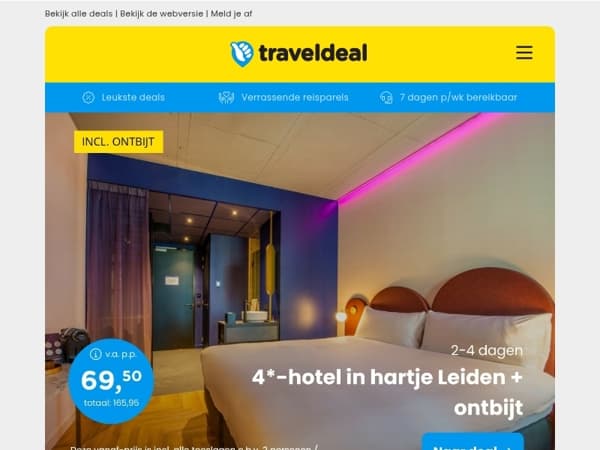 2/4 dgn 4*-hotel Leiden + ontbijt v.a. 69,50 | 3 dgn all-inclusive Bonte Wever + extra's v.a. 179 p.p.!