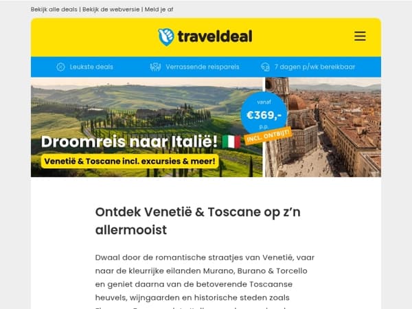 🚨 Tijdelijke prijsverlaging: Venetië & Toscane wachten op je + excursies v.a. 369 p.p!
