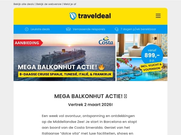 MEGA BALKONHUT ACTIE! 🔥 8-daagse Mediterrane cruise + volpension €899 p.p. 🤯