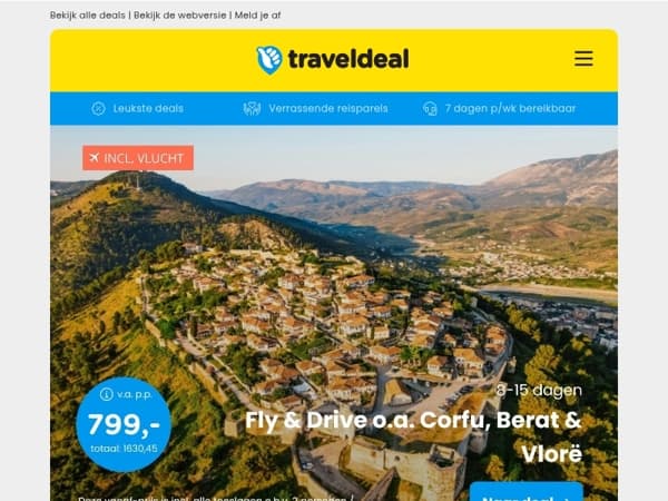 Fly & Drive Corfu & Albanië v.a. 799 | Boedapest + Donau Cruise & drankje v.a. 339 p.p.!