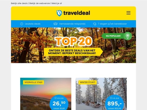 Top 20! 🥳 2 dgn Zeeland + ontbijt 26,50 | Finland avontuur 895 | Balkonhut Deal 899 | Veluwe Deal + wellness & MEER!