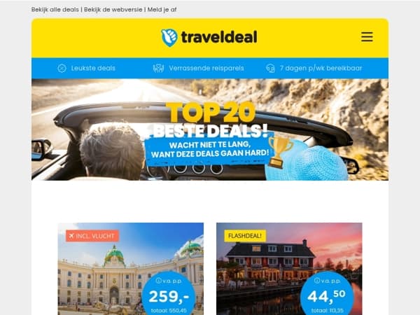 De populairste deals! 👉 Hilton Wenen v.a. 259 | Fly & Drive Sicilië v.a. 799 | Thermaalbad Arcen v.a. 74,50 p.p.!