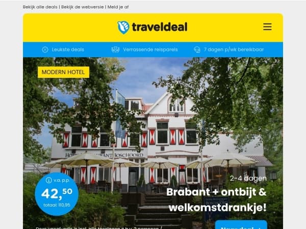 Verblijf in Brabant + ontbijt & welkomstdrankje v.a. 42,50 | Vakantie Mallorca + ontbijt & transfer v.a. 339 p.p.!