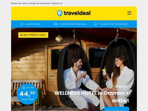 Black Friday! 🤯 Wellness Ommen + ontbijt 39,50 | 4*-hotel Wijn aan Zee + ontbijt 49,50 p.p.!