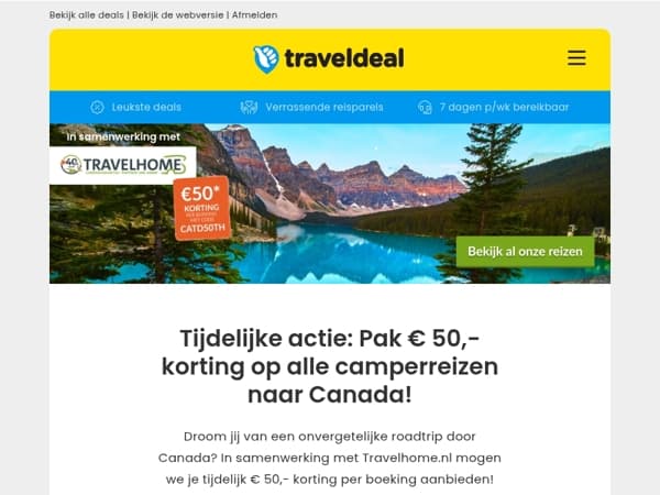 Tijdelijke actie: pak € 50,- korting op alle camperreizen naar Canada!